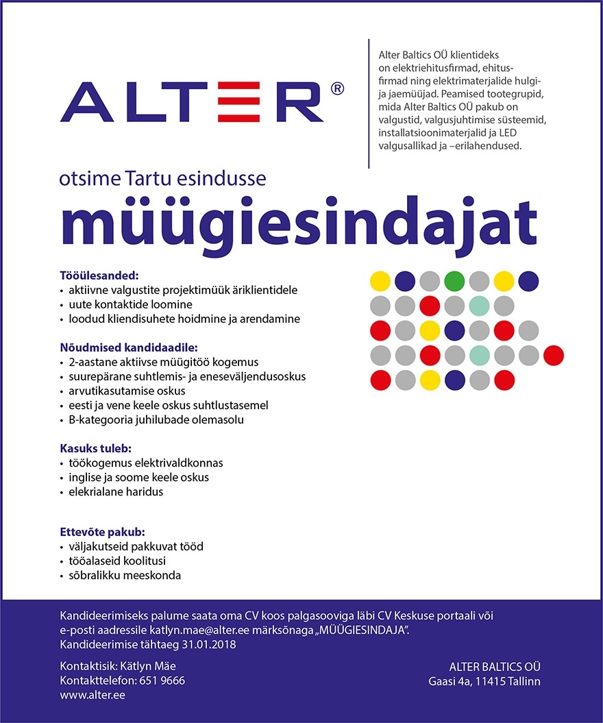 Alter Baltics OÜ Müügiesindaja