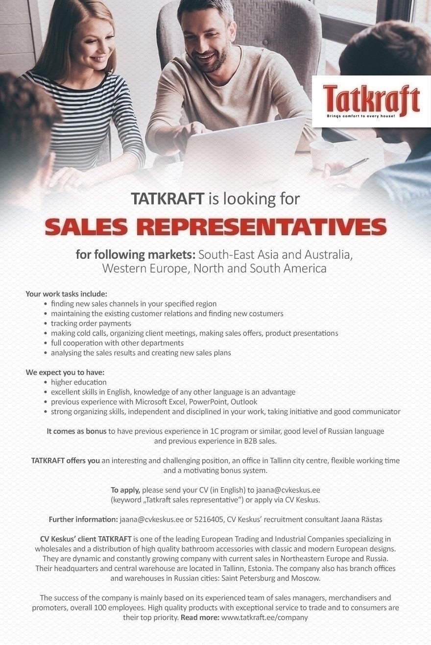 CV KESKUS OÜ Tatkraft is looking for Sales Representatives 
