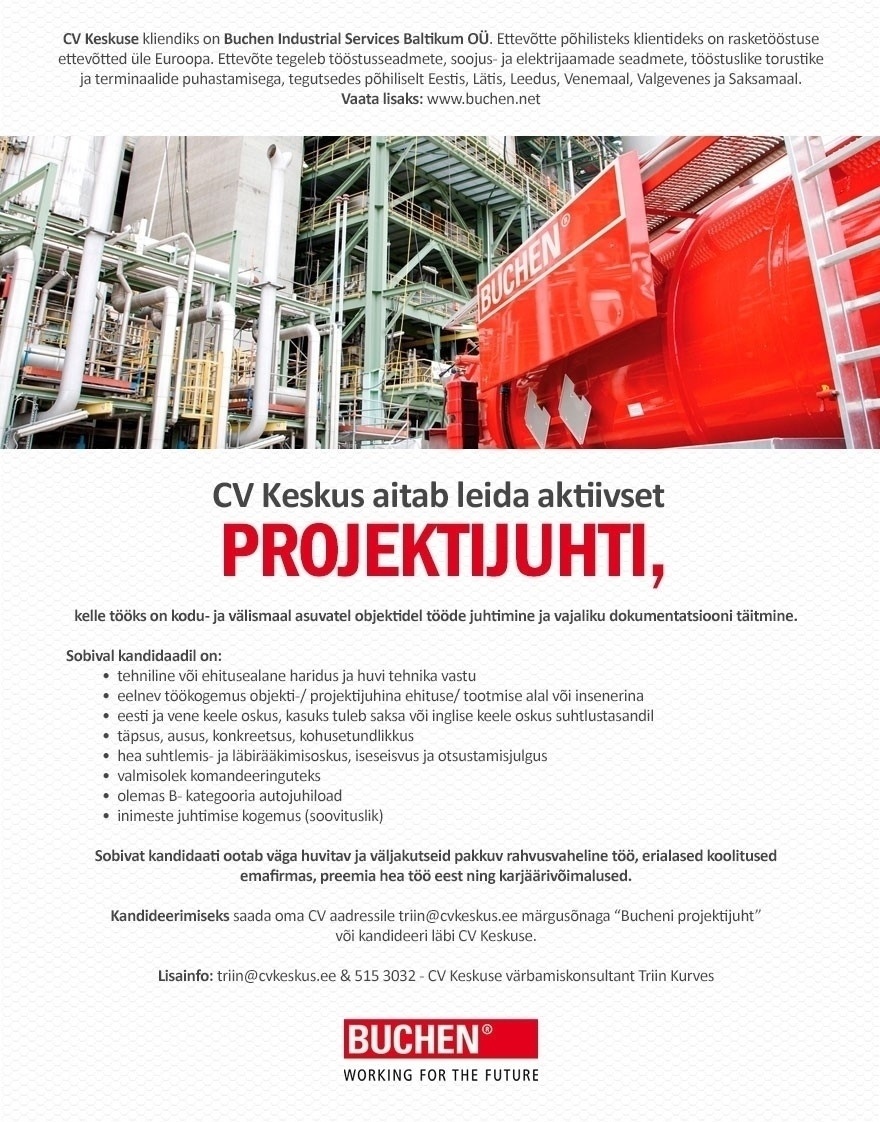 CV KESKUS OÜ Projektijuht (Buchen Industrial Services Baltikum OÜ)