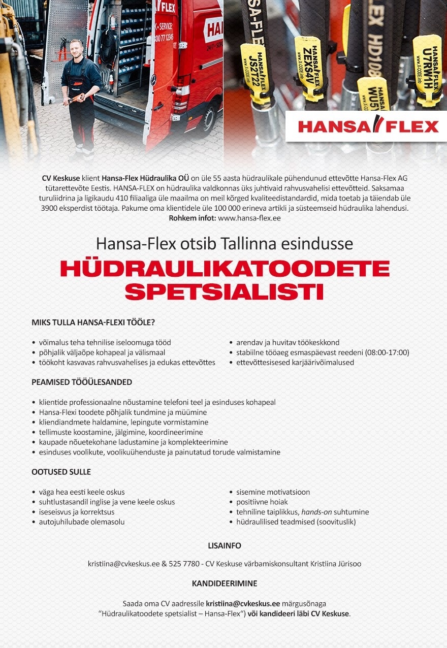 CV KESKUS OÜ Hüdraulikatoodete spetsialist (Hansa-Flex)