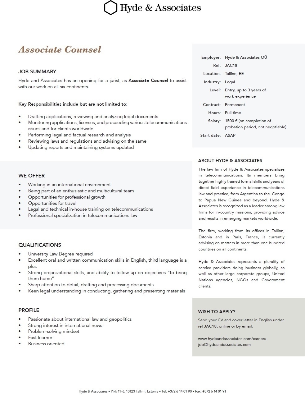 HYDE & ASSOCIATES OÜ Associate Counsel