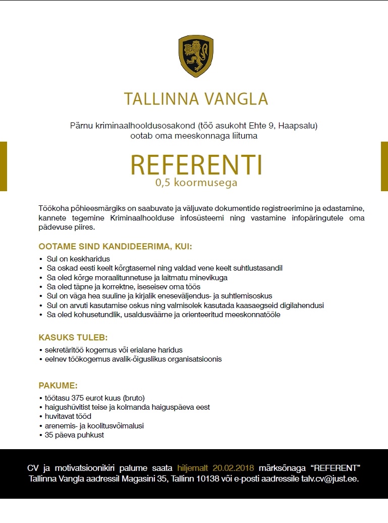 Tallinna Vangla Referent (0,5 koormusega)