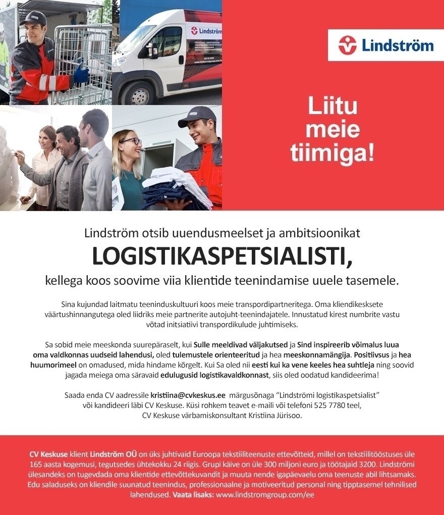 CV KESKUS OÜ Lindström otsib logistikaspetsialisti