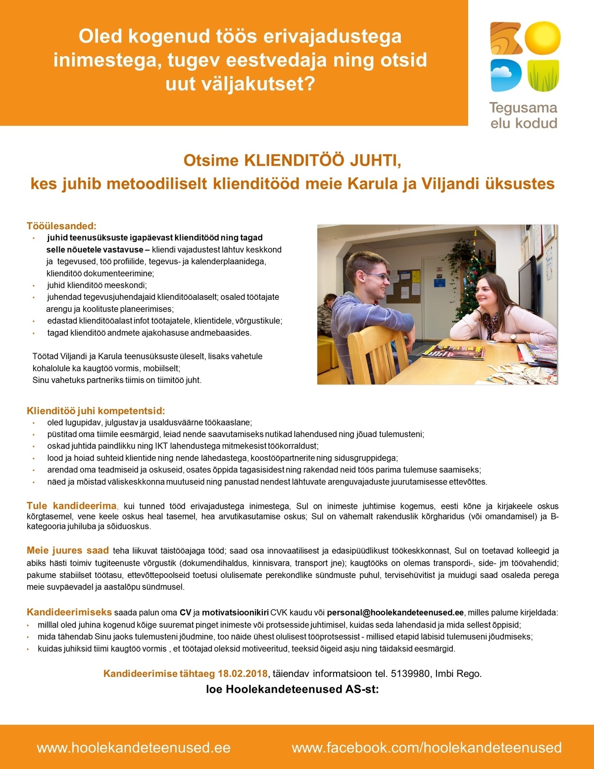 HOOLEKANDETEENUSED AS KLIENDITÖÖJUHT Karula ja Viljandi teenusüksustesse