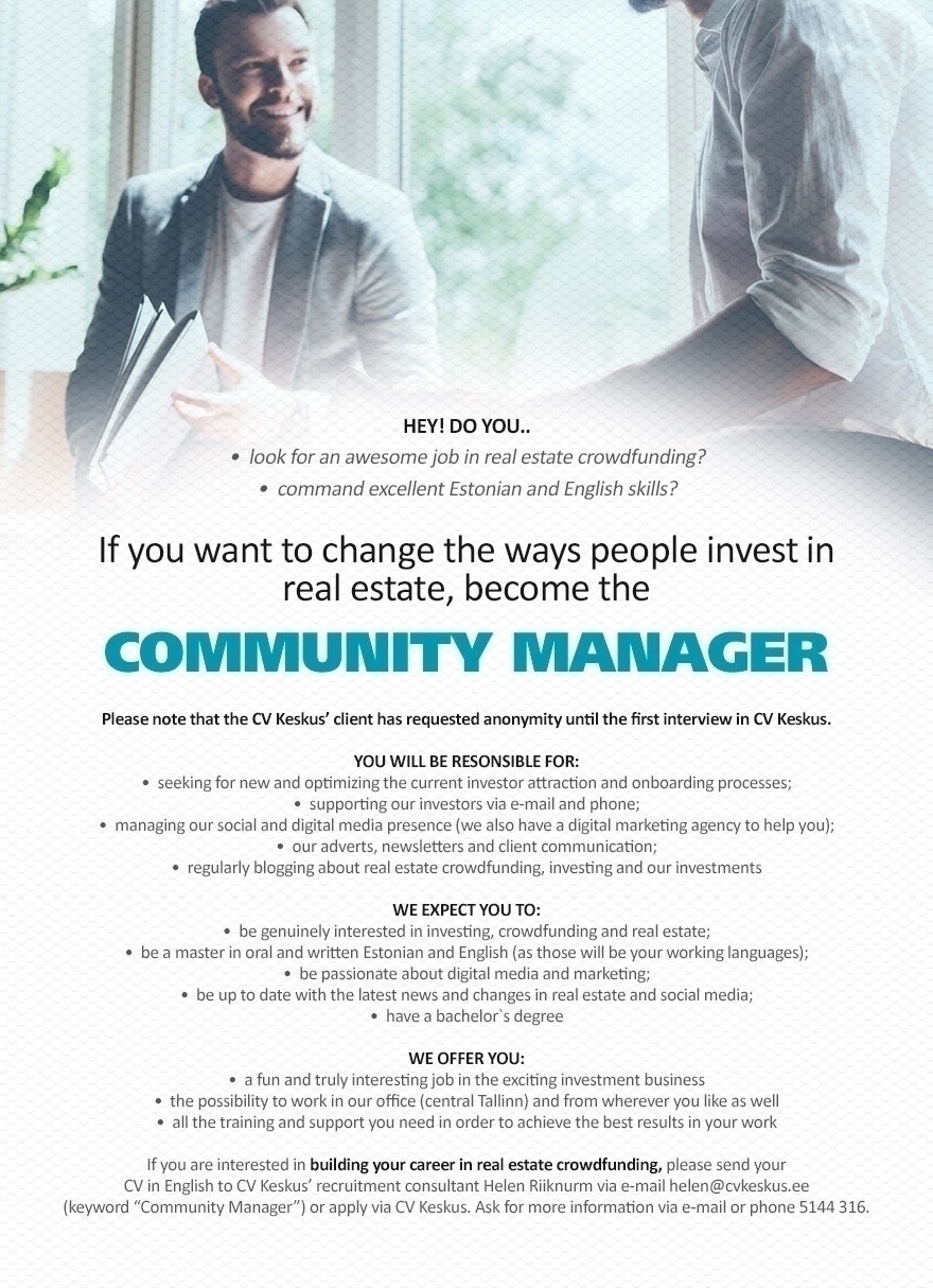 CV KESKUS OÜ Become a community manager in real estate crowdfunding!