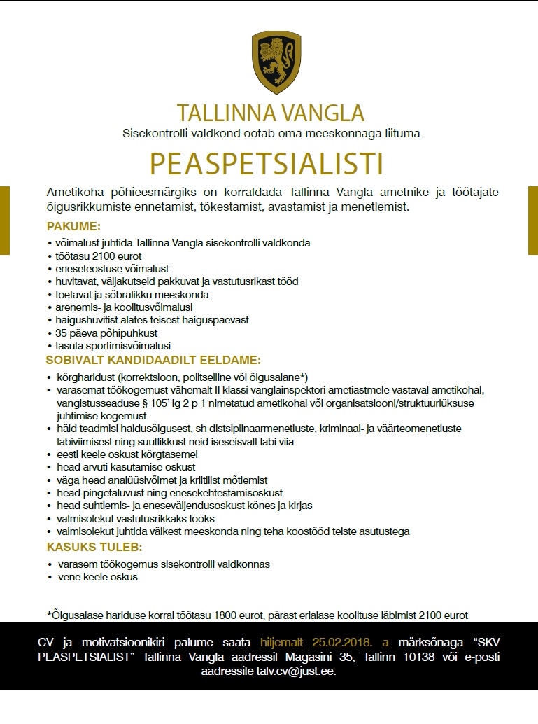 Tallinna Vangla Sisekontrolli valdkonna peaspetsialist