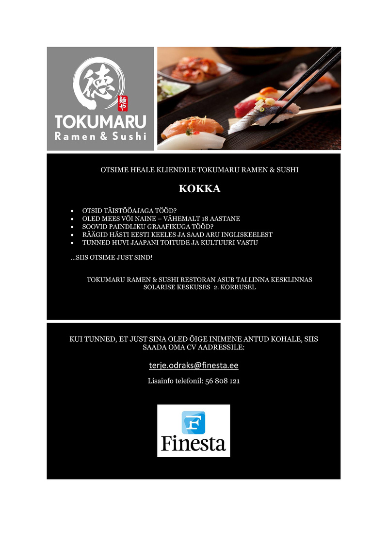 Finesta Baltic OÜ Jaapani restorani kokk  (Solaris keskuses)