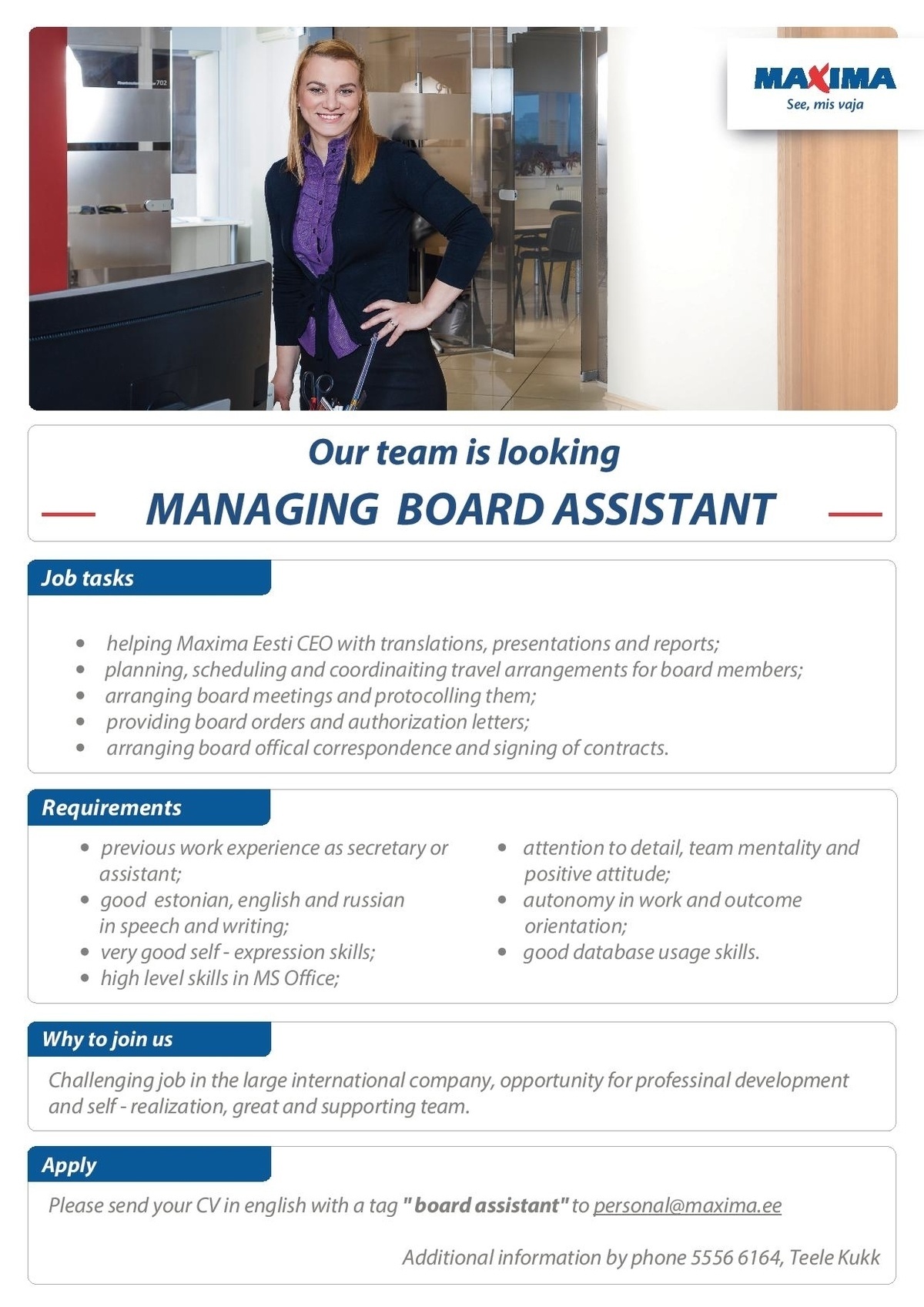 Maxima Eesti OÜ Managing board assistant 