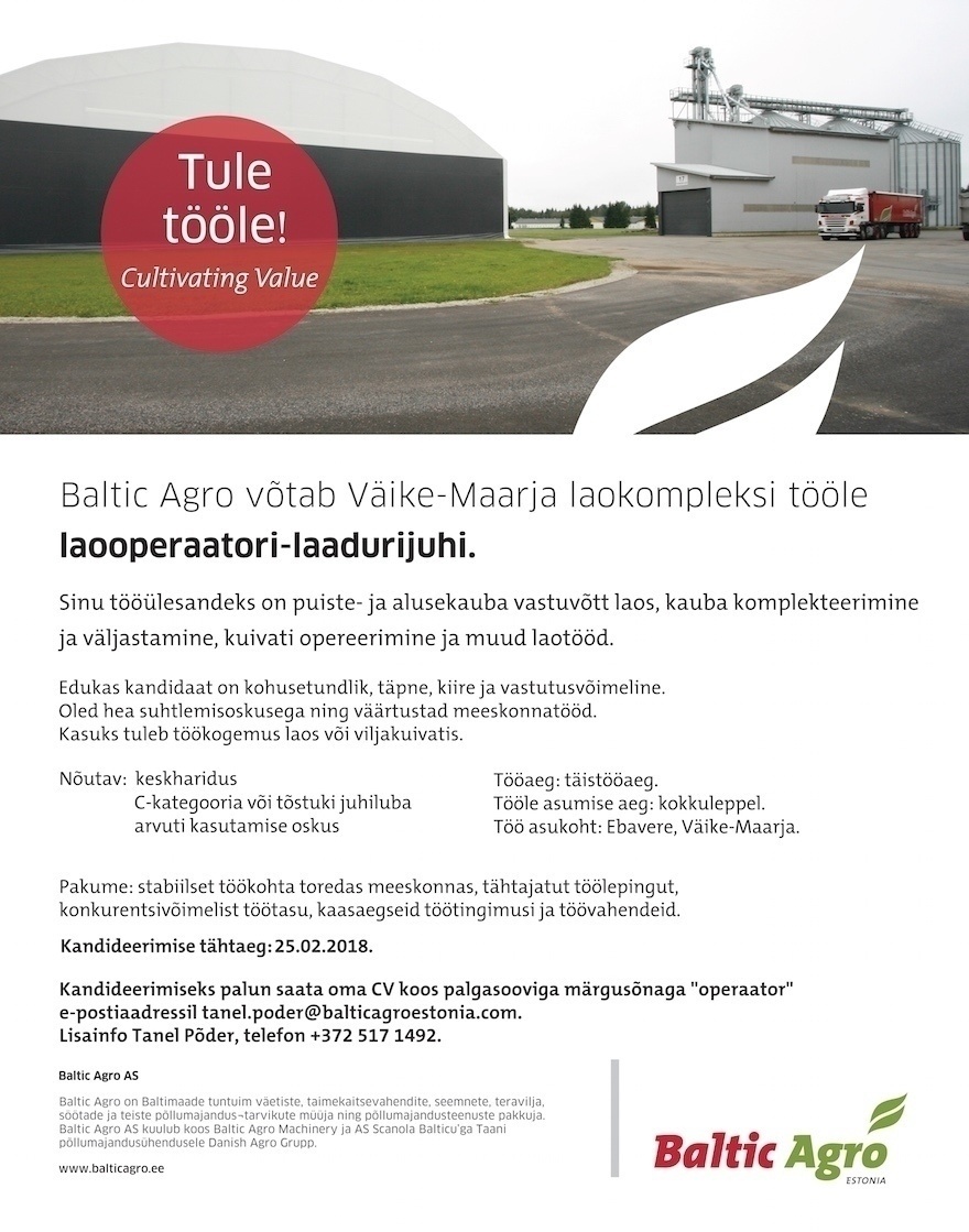 Baltic Agro AS Laooperaator-laadurijuht