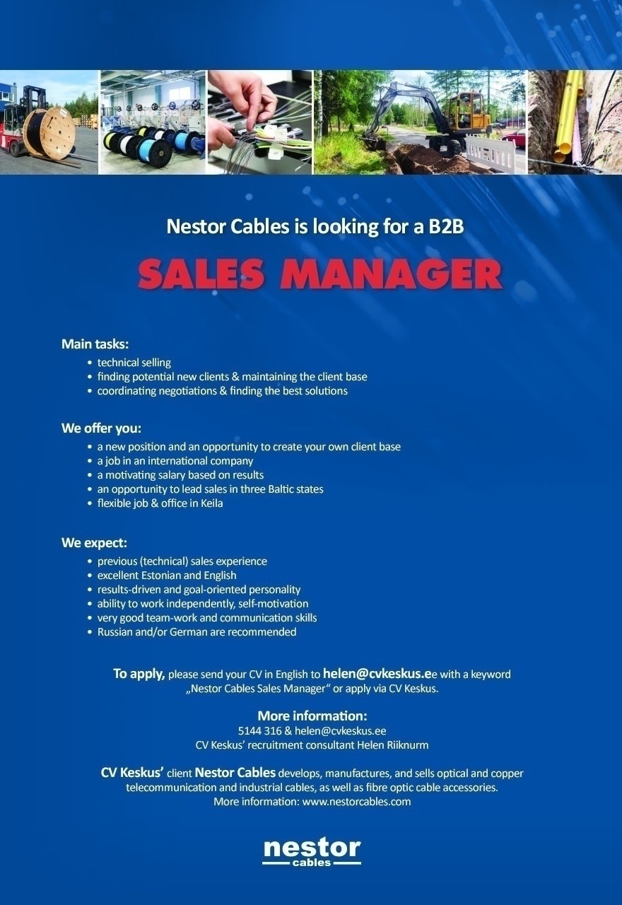 CV KESKUS OÜ Nestor Cables is looking for a B2B sales manager!