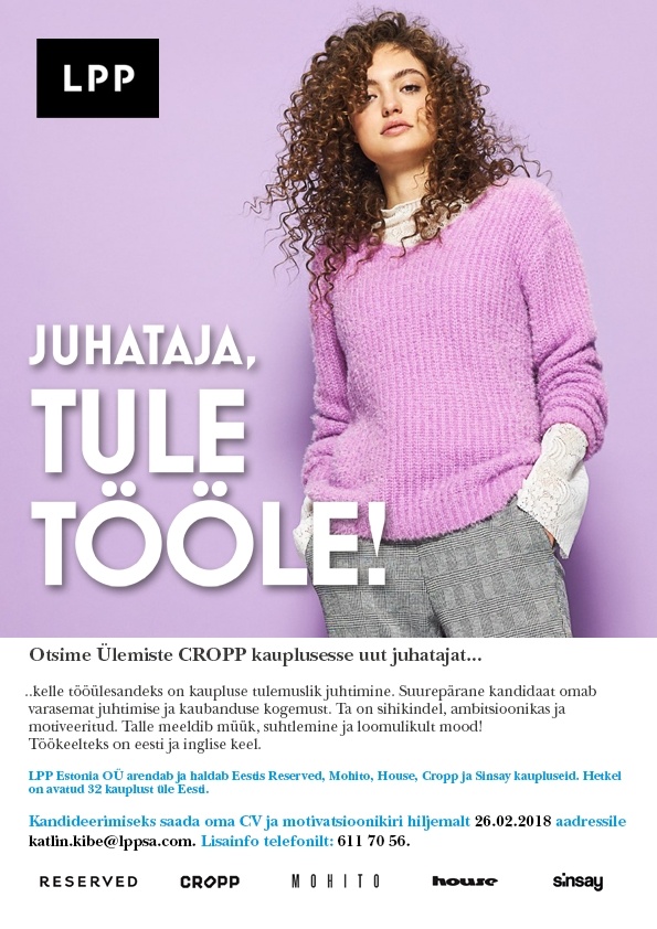 LPP Estonia OÜ Kaupluse juhataja CROPP kauplusesse Ülemiste keskuses