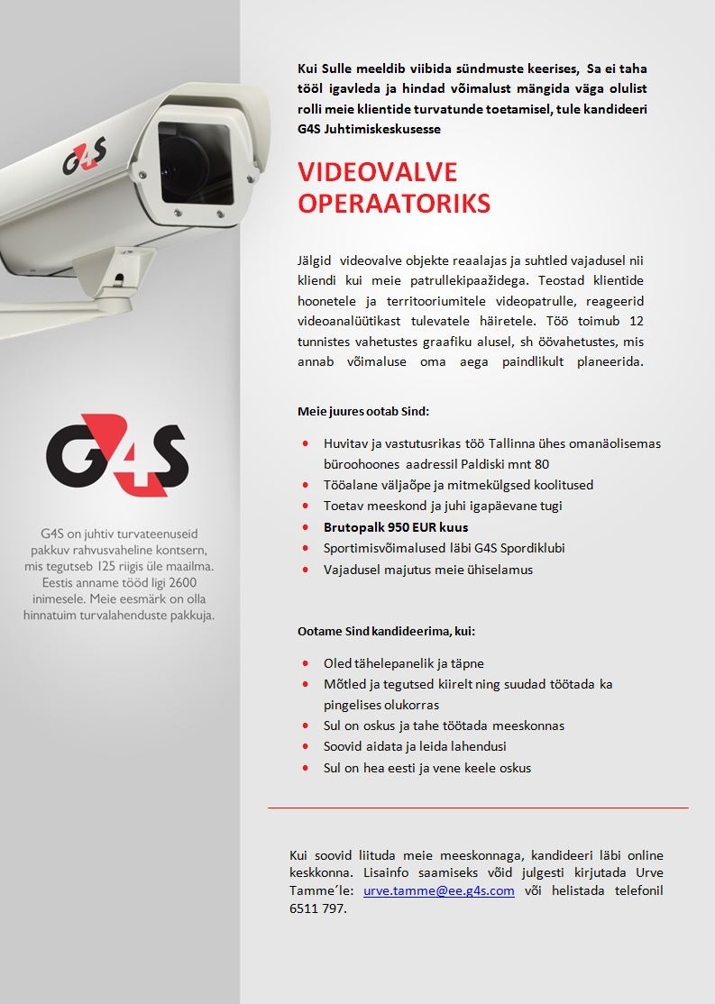 AS G4S Eesti Videovalve operaator, brutopalk 950 eurot kuus