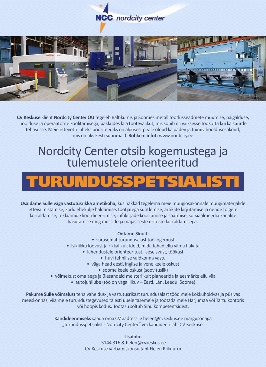 CV KESKUS OÜ Tule turundusspetsialistiks Nordcity Center OÜ-sse!