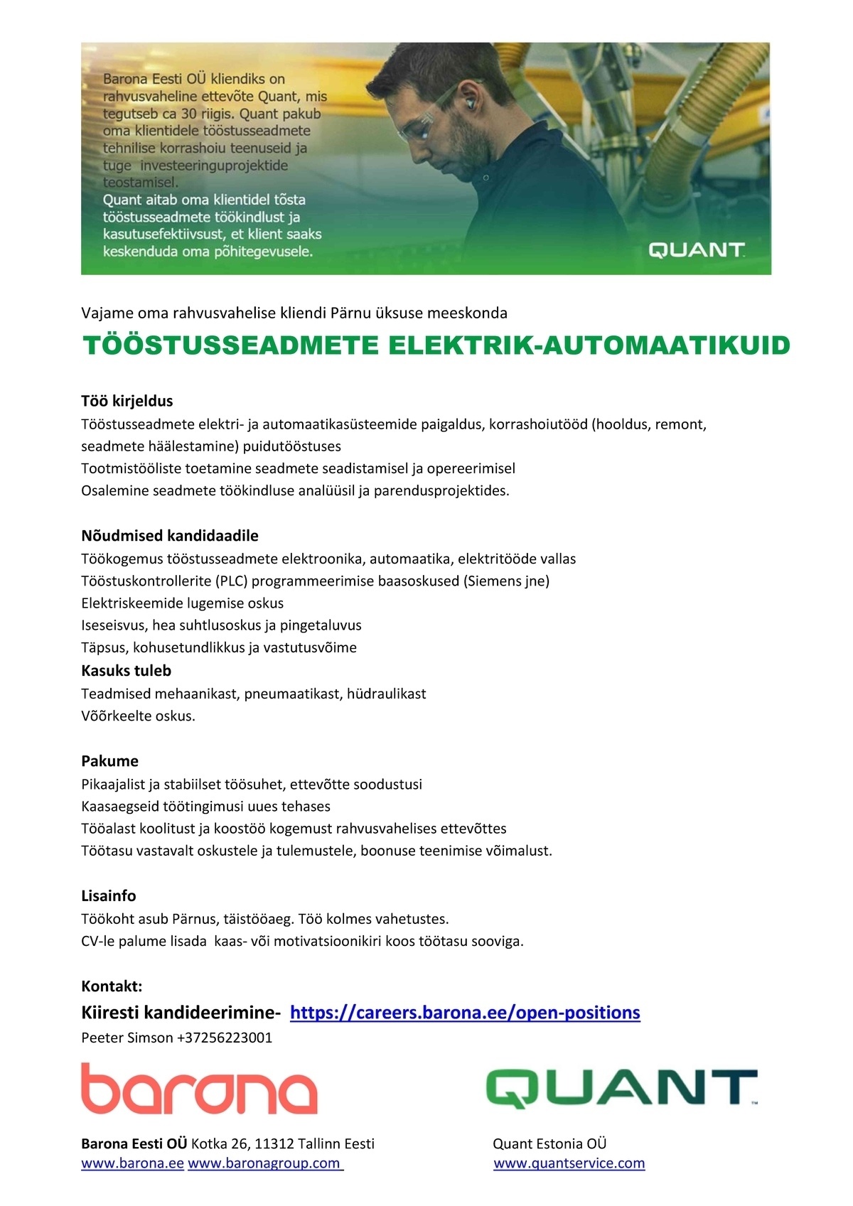 Barona Eesti OÜ Kohe elektrik/automaatikuid (PLC kontrollerite seadistus oskusega) Pärnusse