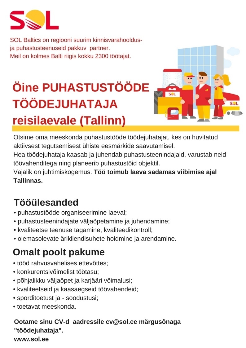 SOL Baltics OÜ Öine puhastustööde töödejuhataja Tallinna reisilaevale