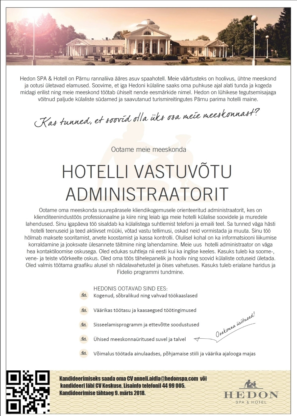 Supeluse Hotell OÜ Hedon SPA & HOTEL Vastuvõtuadministraator