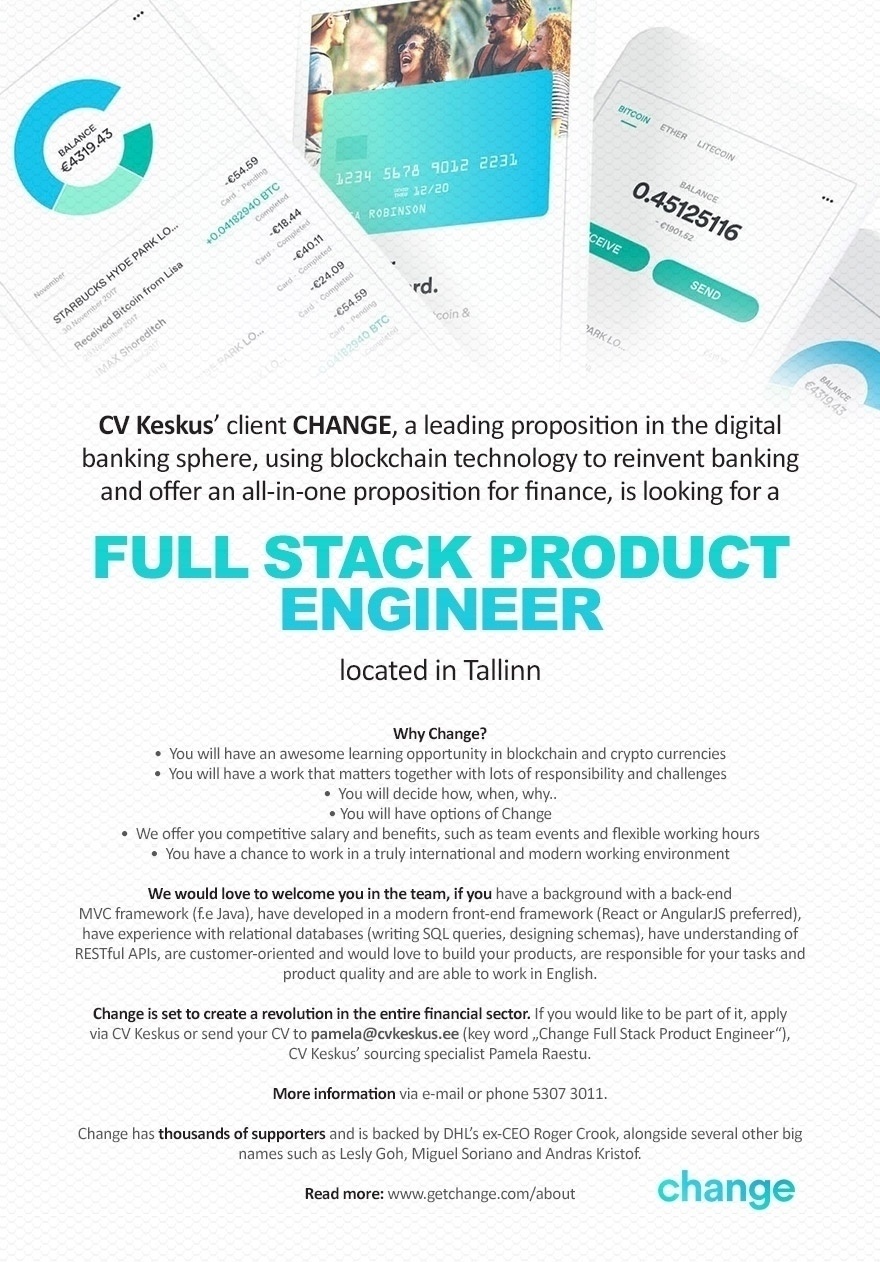 CV KESKUS OÜ Full Stack Product Engineer (Change)