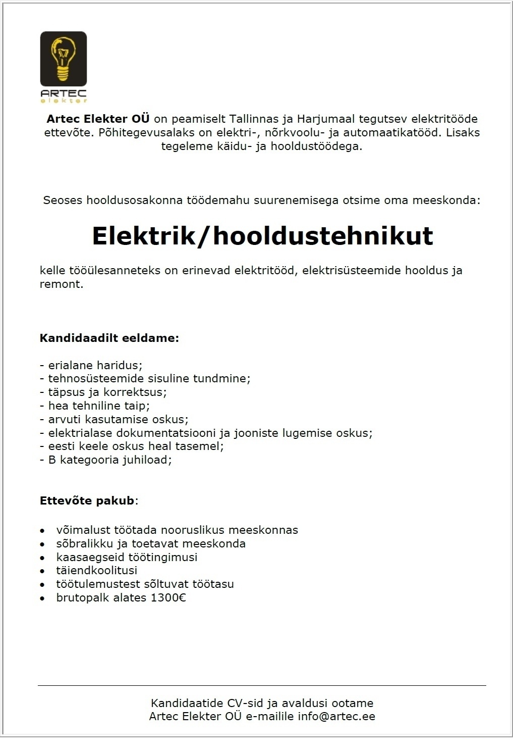 ARTEC ELEKTER OÜ Elektrik/ hooldustehnik