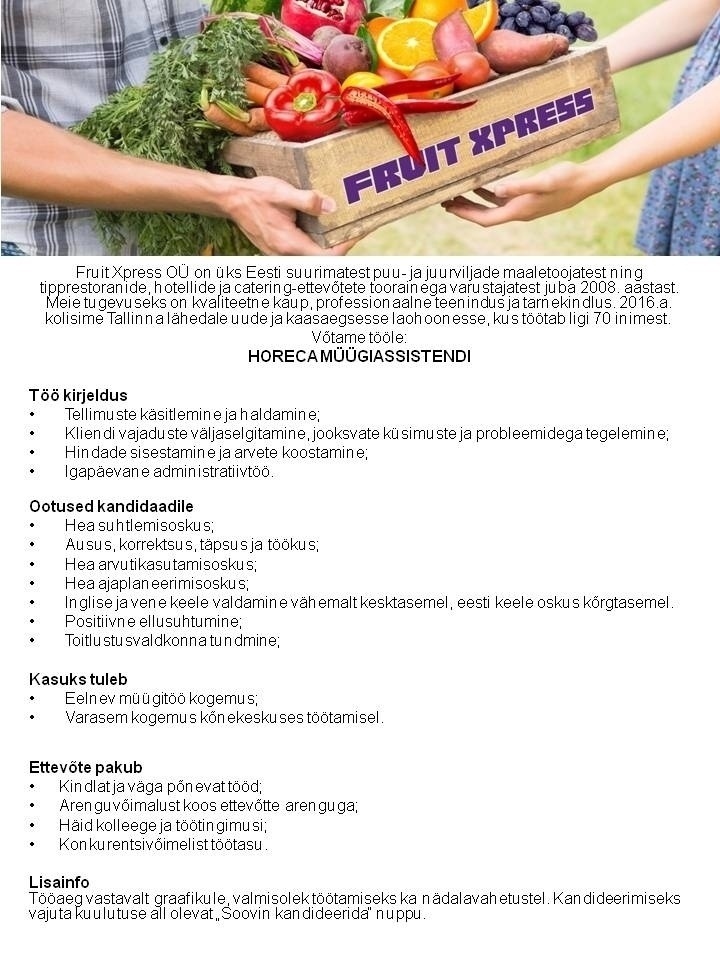 Fruit Xpress OÜ Horeca müügiassistent