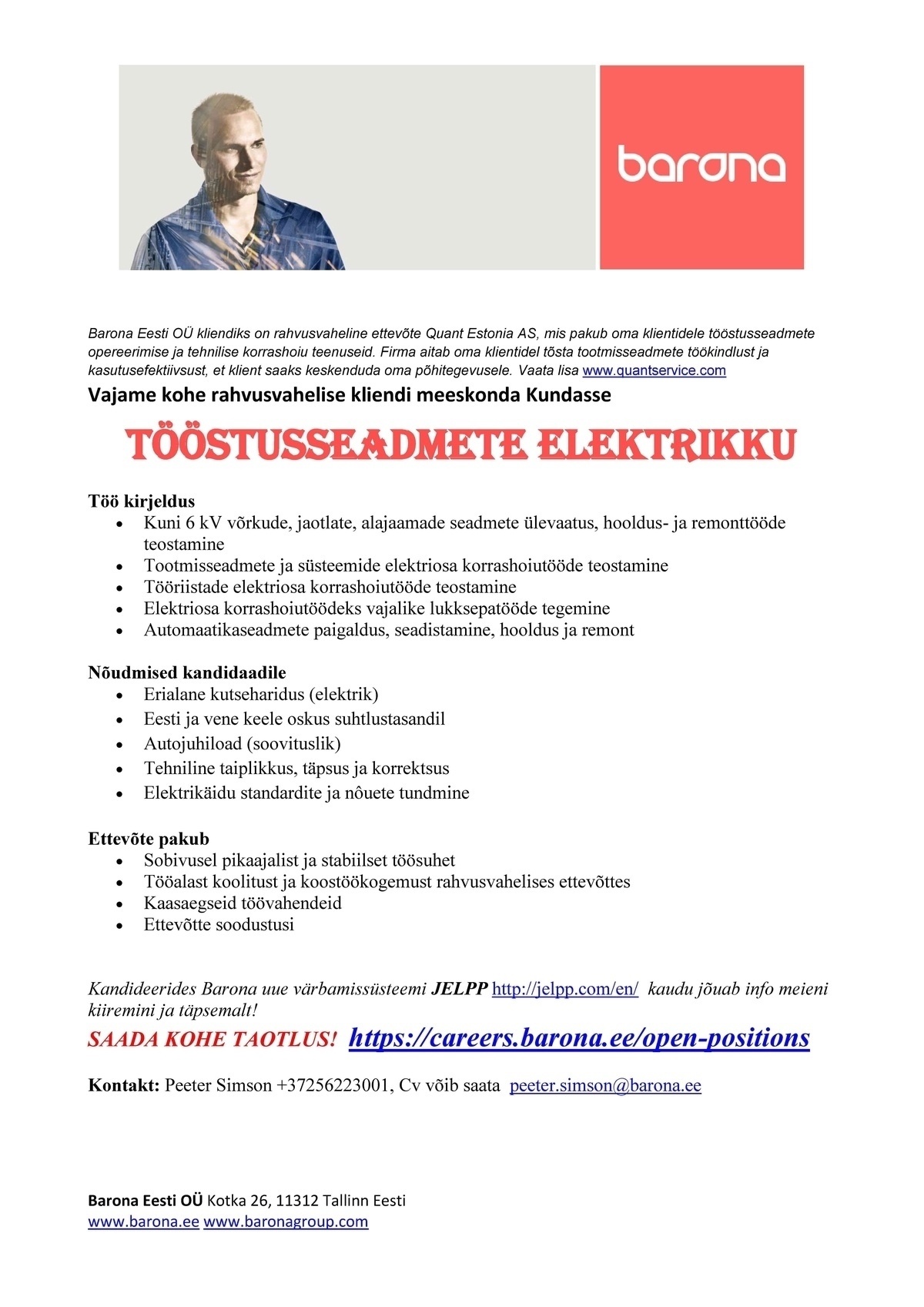 Barona Eesti OÜ Kohe tööstusseadmete elektrik, Kundasse! 