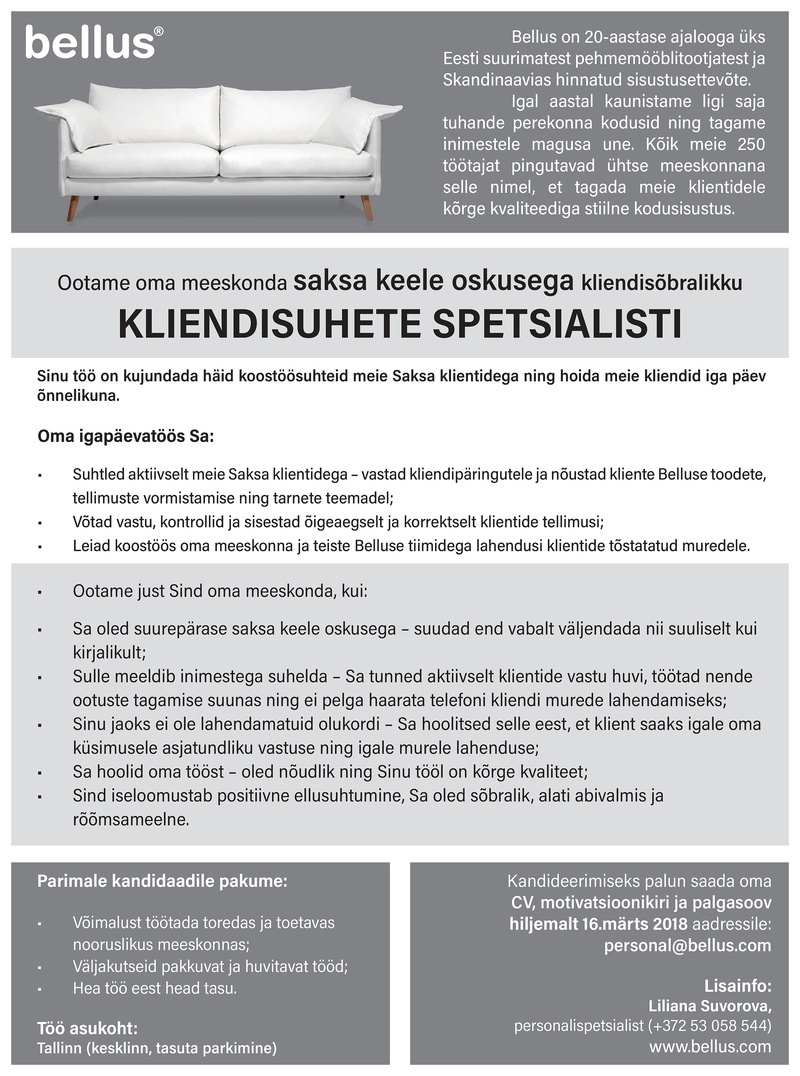 Bellus Furniture OÜ Kliendisuhete spetsialist (saksa keele oskusega)
