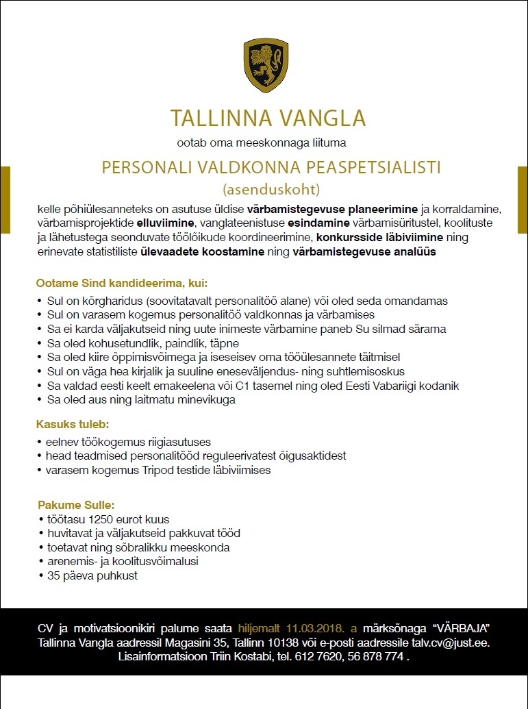 Tallinna Vangla Personali valdkonna peaspetsialist (asenduskoht)