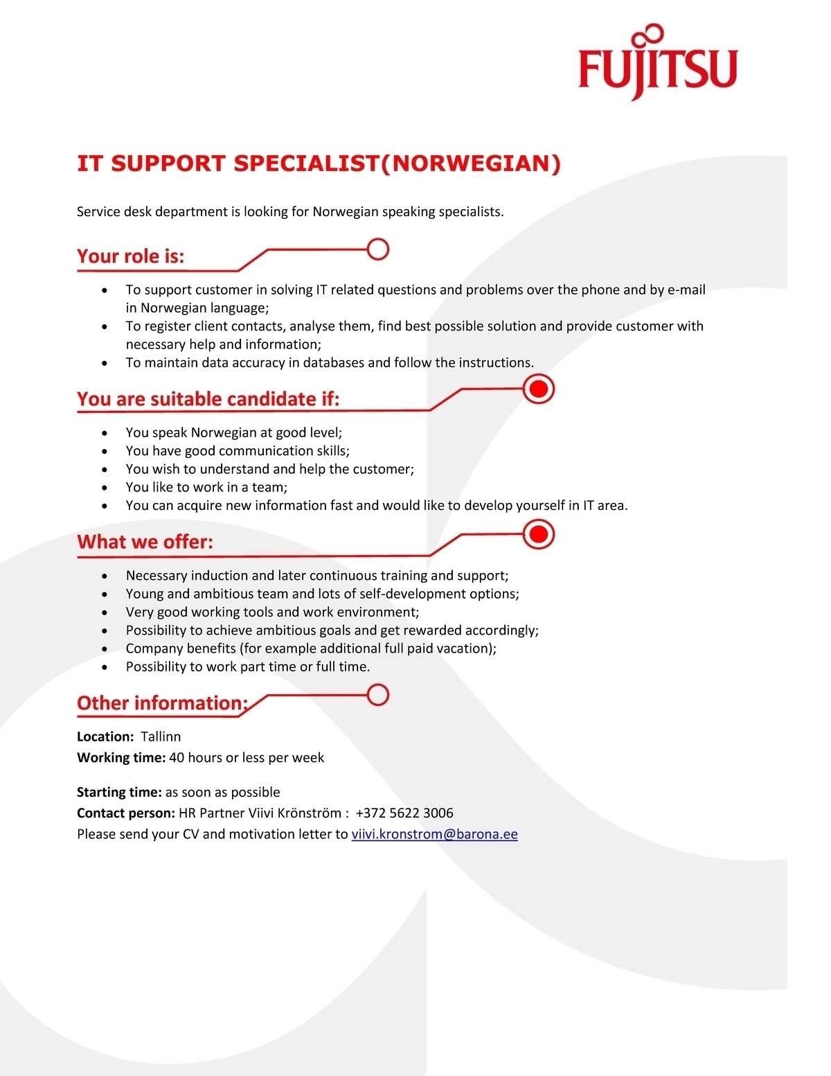Barona Eesti OÜ IT support specialist (norwegian)