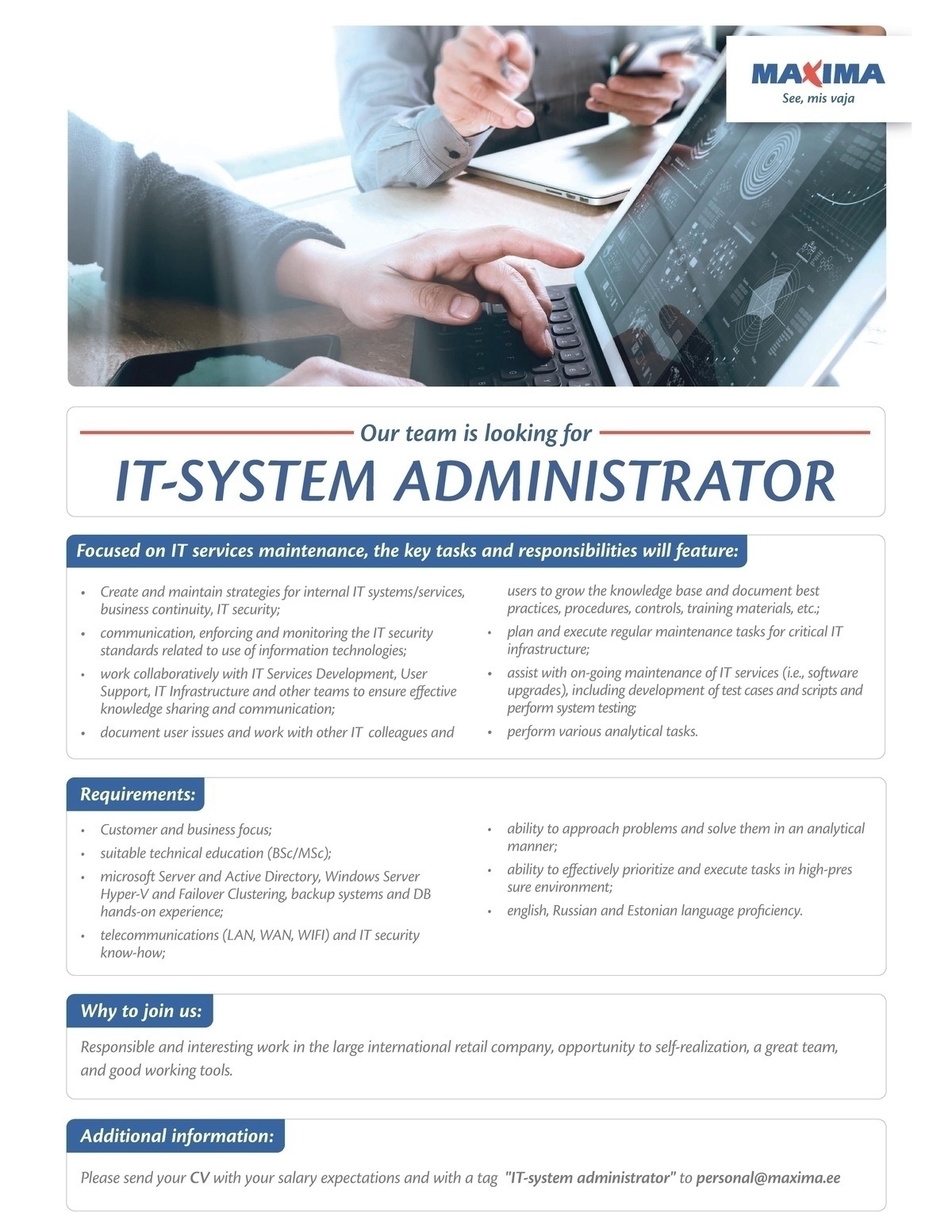 Maxima Eesti OÜ IT-system administrator