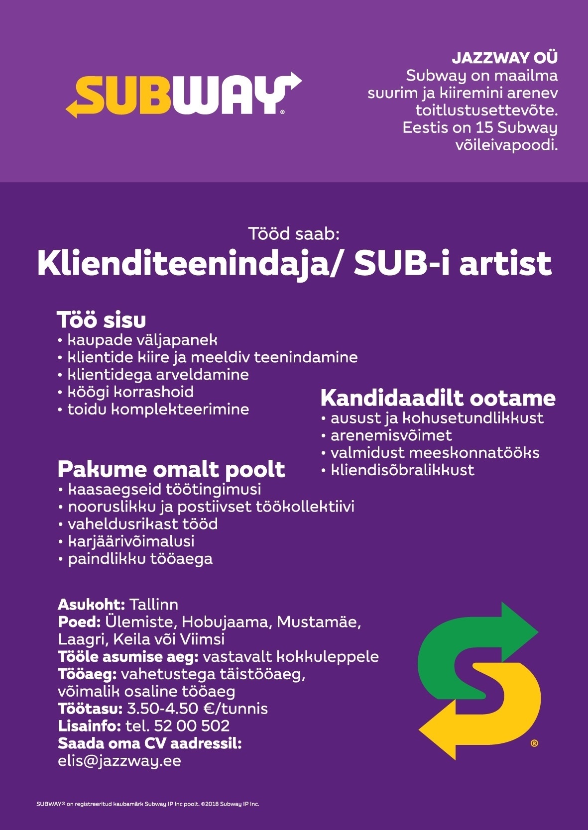 Jazzway OÜ Subway klienditeenindaja Tallinnas või Harjumaal