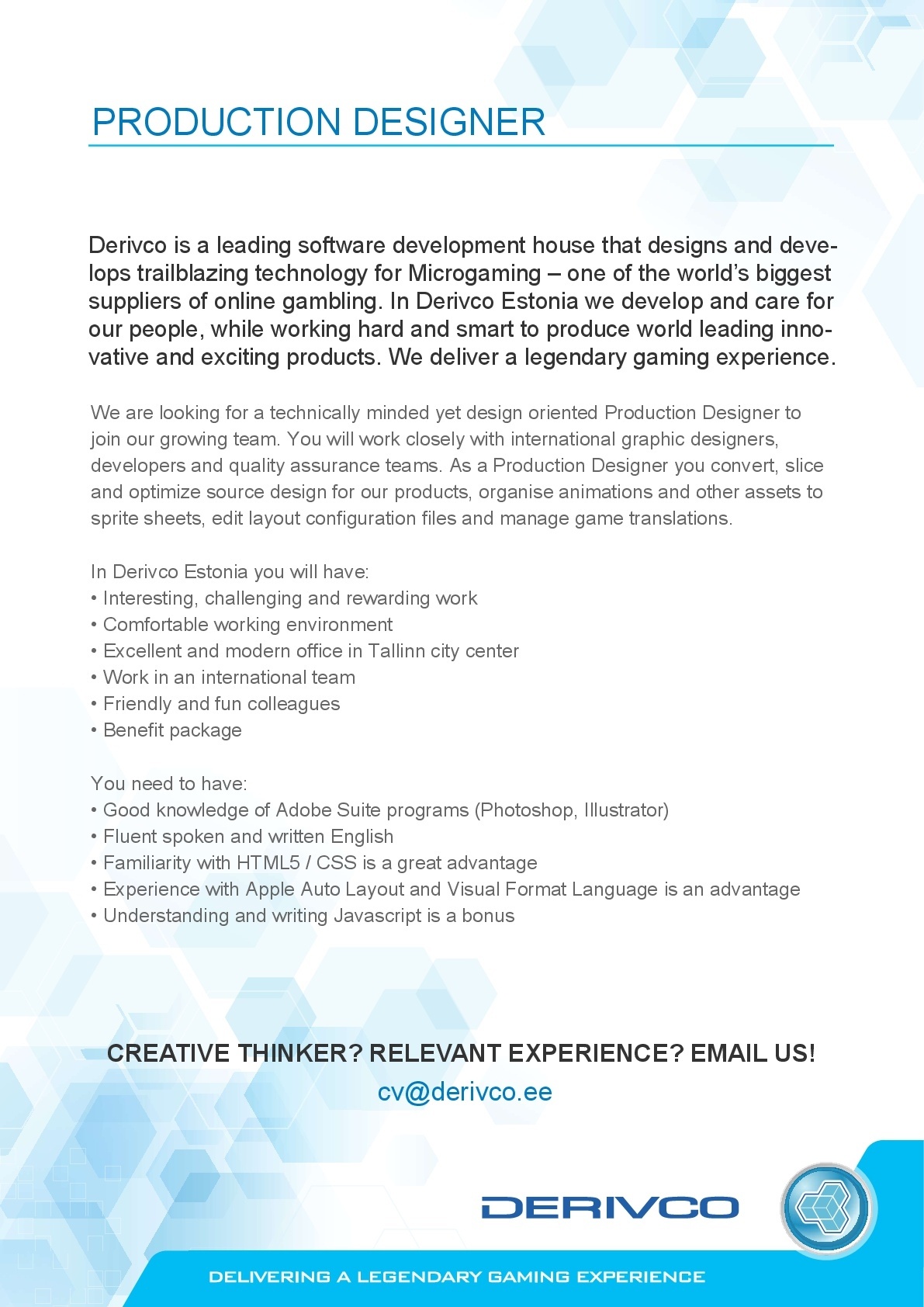 DERIVCO ESTONIA OÜ PRODUCTION DESIGNER