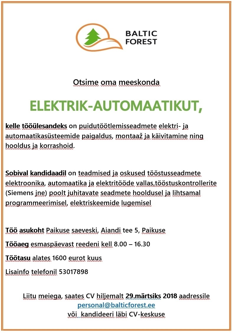 BALTIC FOREST OÜ Elektrik-automaatik
