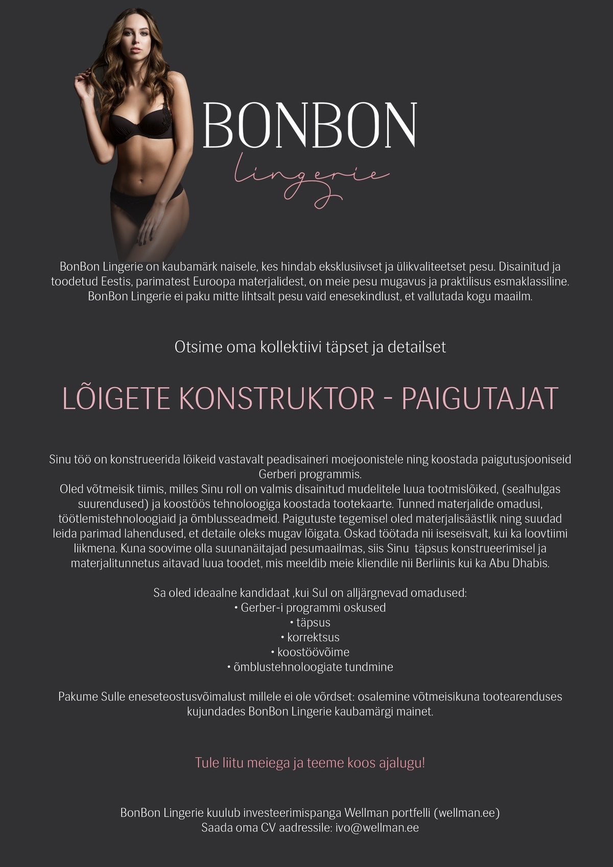 BonBon Lingerie OÜ Eksklusiivse ja ülikvaliteetse pesu LÕIGETE KONSTRUKTOR - PAIGUTAJA