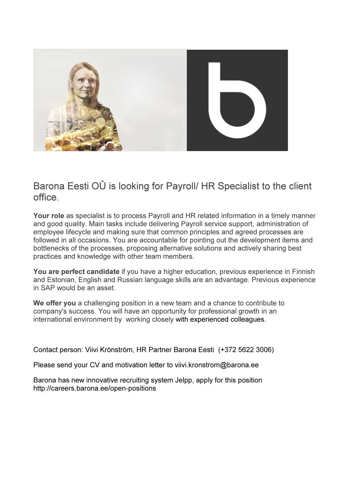 Barona Eesti OÜ Payroll/ HR Specialist