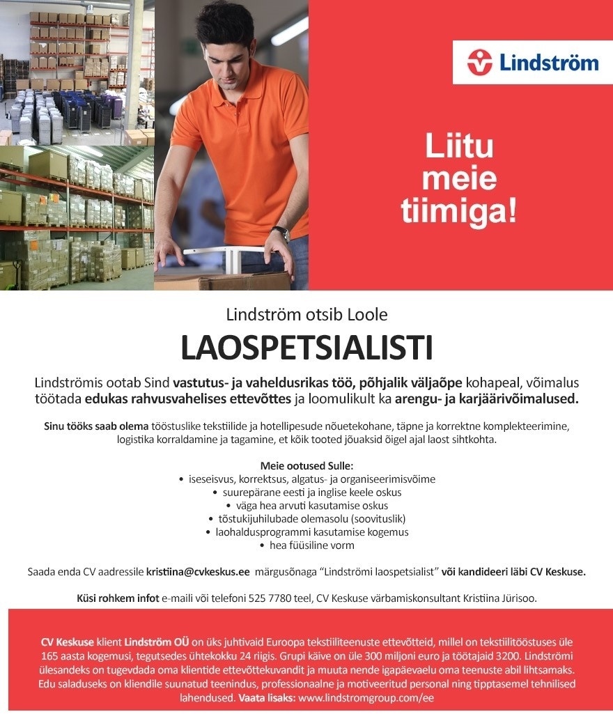 CV KESKUS OÜ Laospetsialist Lindströmis