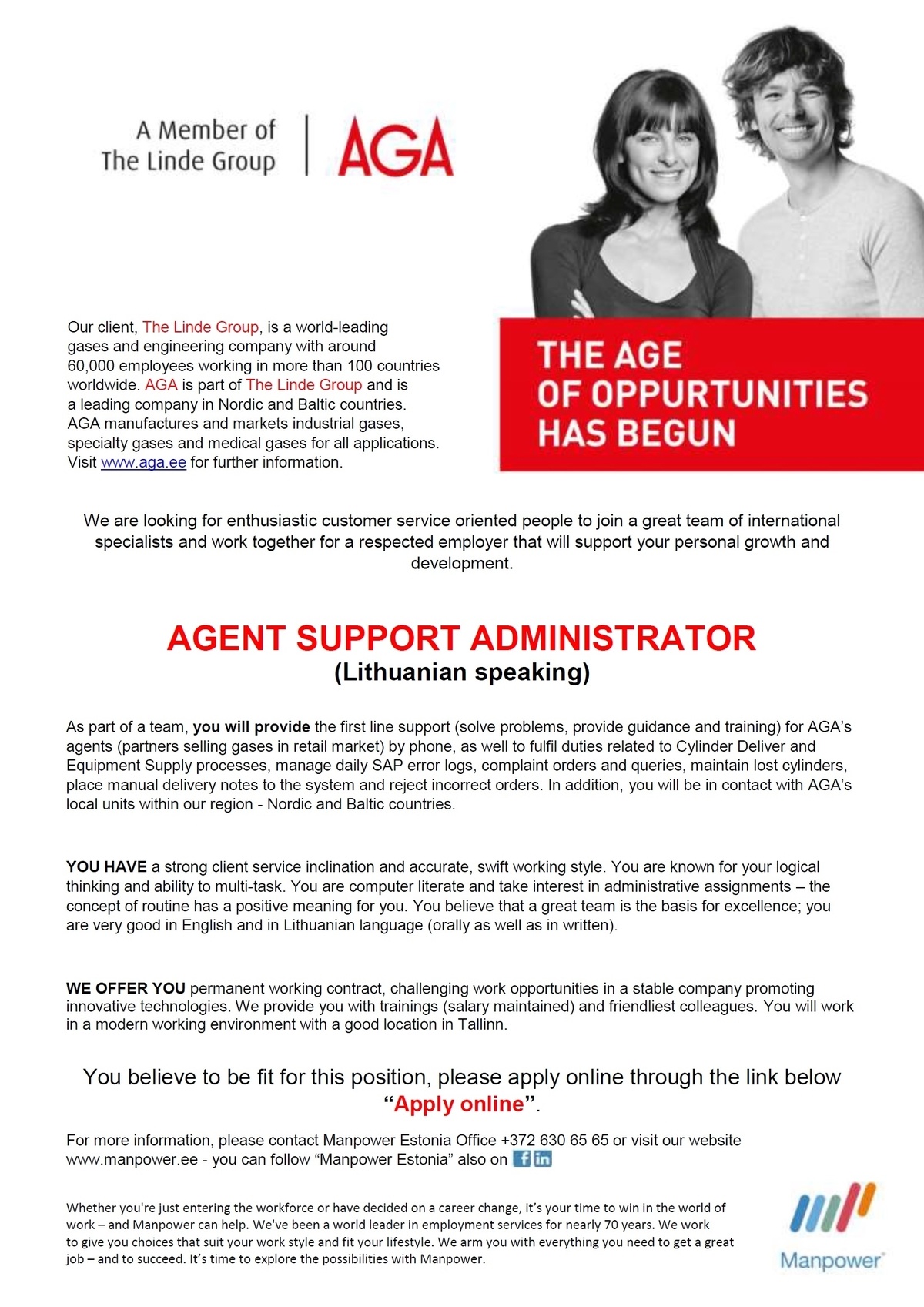 Manpower OÜ AGENT SUPPORT ADMINISTRATOR (Lithuanian speaking)