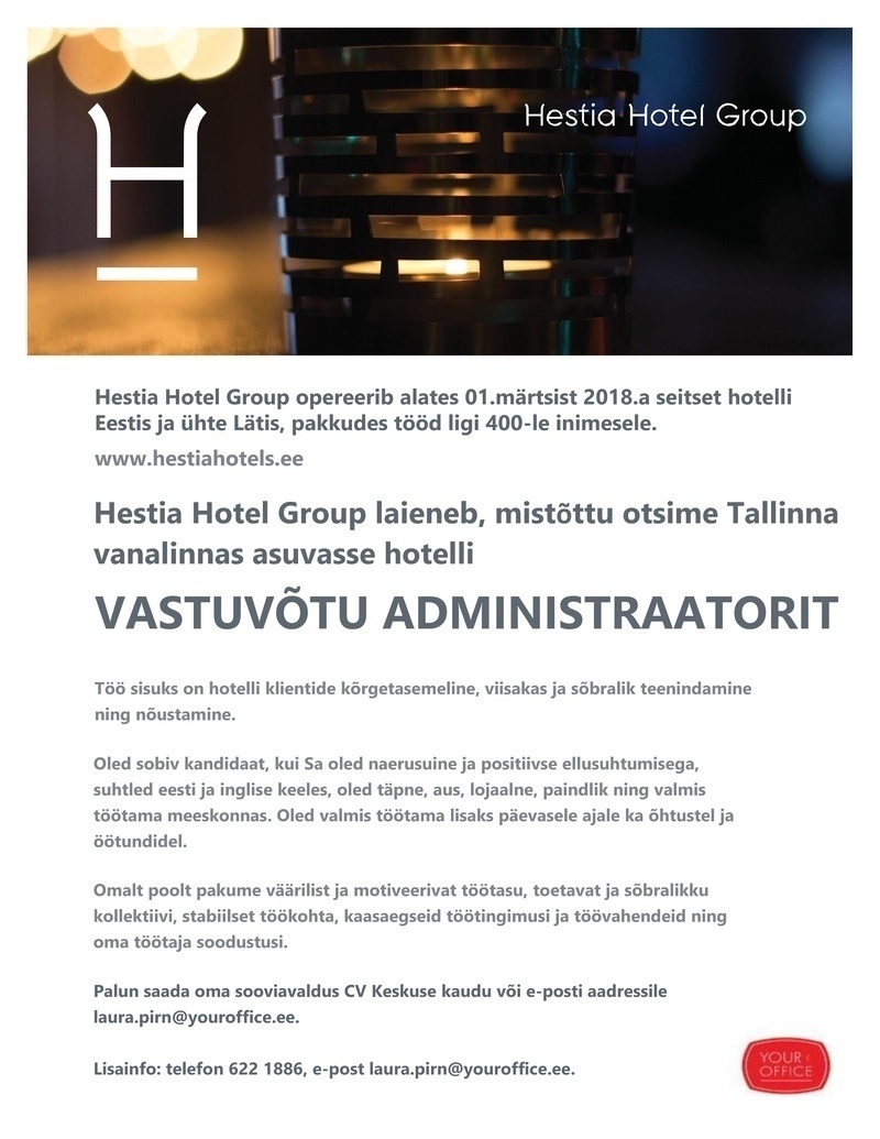 Hestia Hotel Group Vastuvõtu administraator (Tallinna vanalinnas asuvasse hotelli)