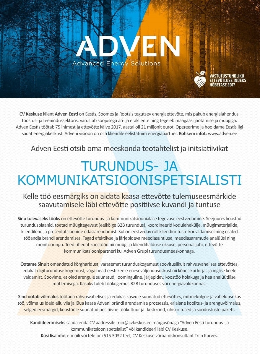 CV KESKUS OÜ Turundus- ja kommunikatsioonispetsialist (Adven Eesti)
