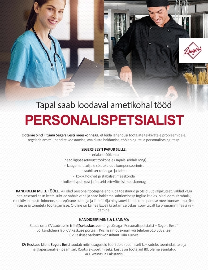 CV KESKUS OÜ Personalispetsialist (Segers Eesti)