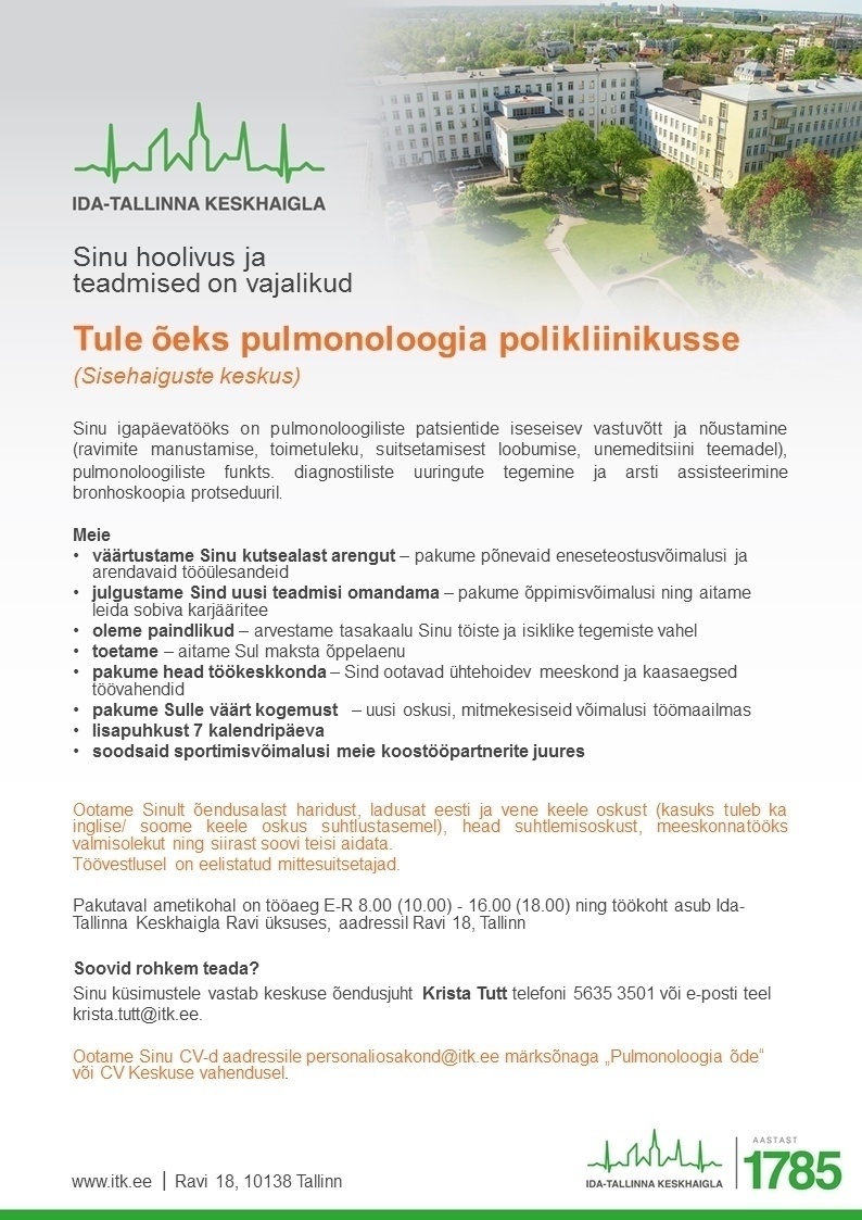 Ida-Tallinna Keskhaigla AS Õde pulmonoloogia polikliinikusse