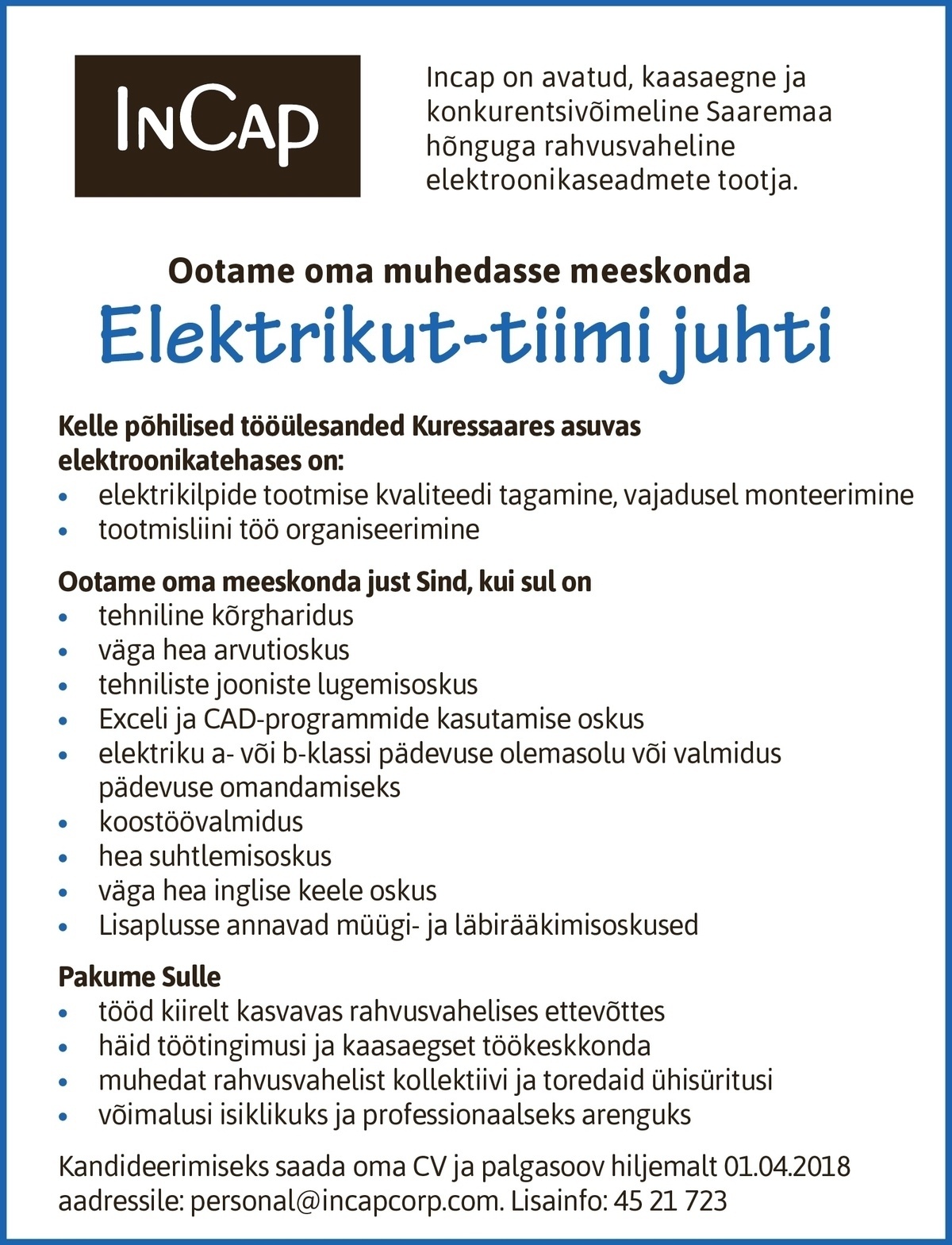 Incap Electronics Estonia OÜ Elektrik-tiimi juht