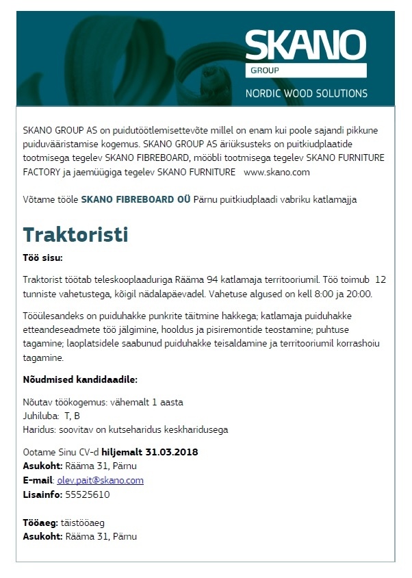 Skano Fibreboard OÜ Traktorist