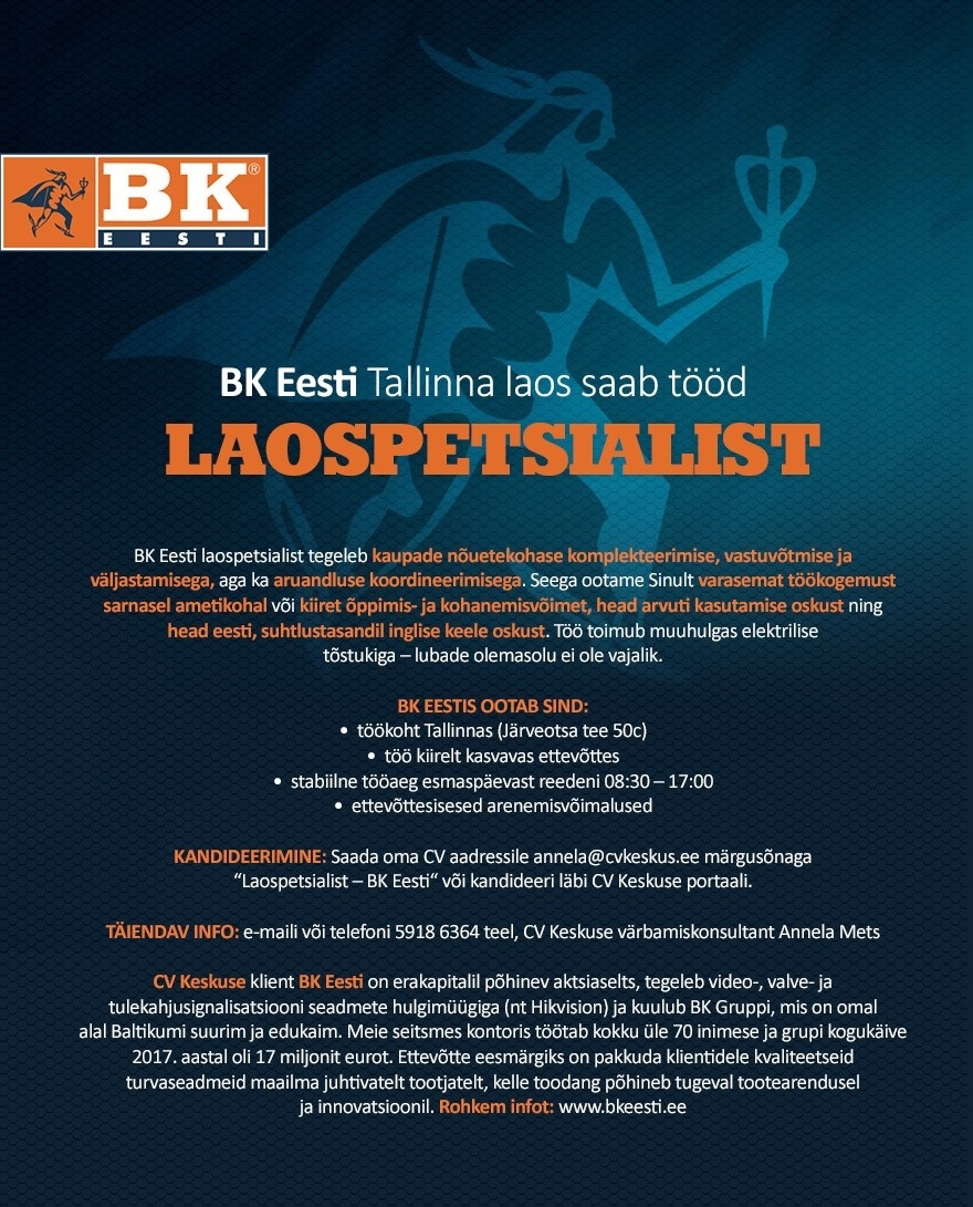 CV KESKUS OÜ Laospetsialist (BK Eesti)