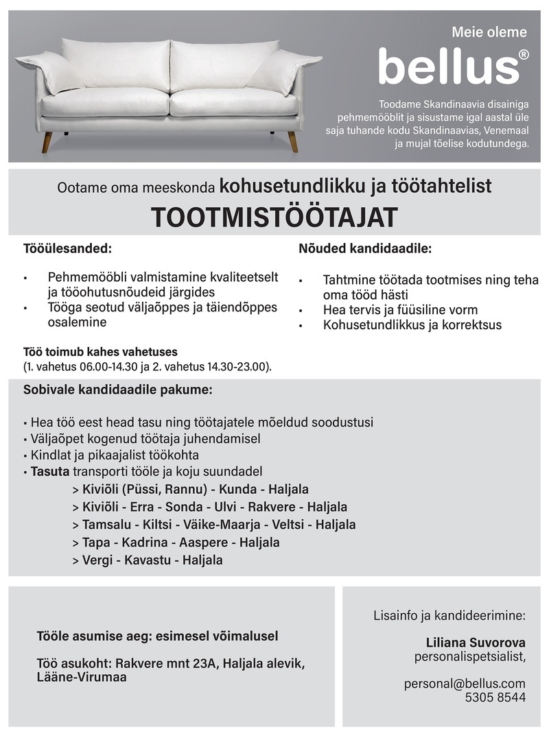 Bellus Furniture OÜ Tootmistööline