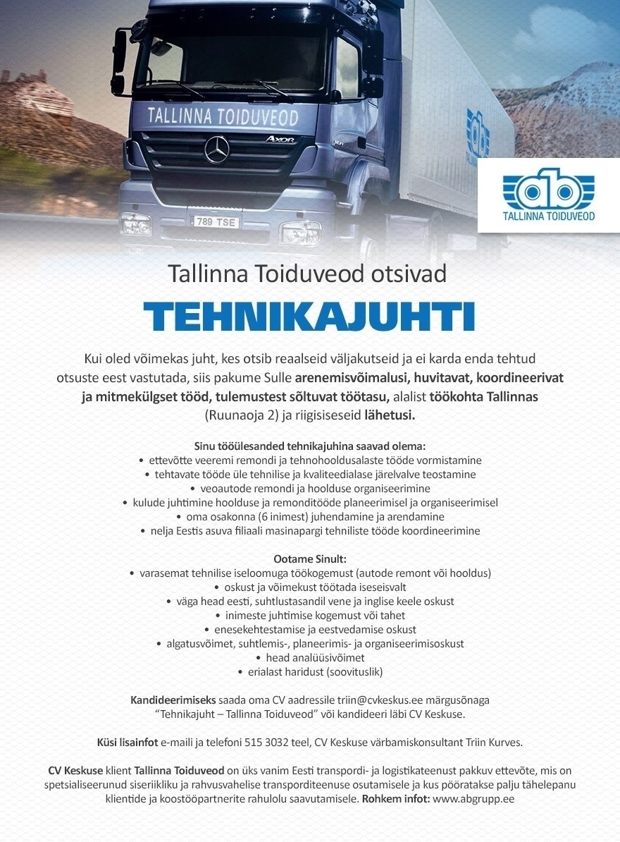 CV KESKUS OÜ Tehnikajuht (Tallinna Toiduveod)