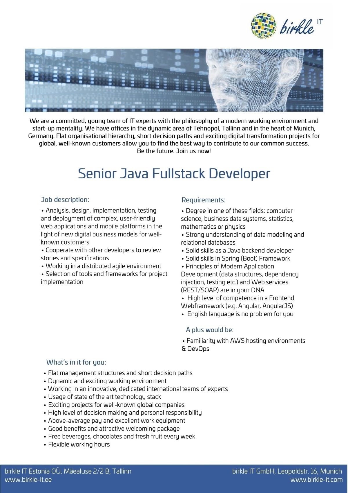 Birkle IT Estonia OÜ Senior Java Full-Stack Developer