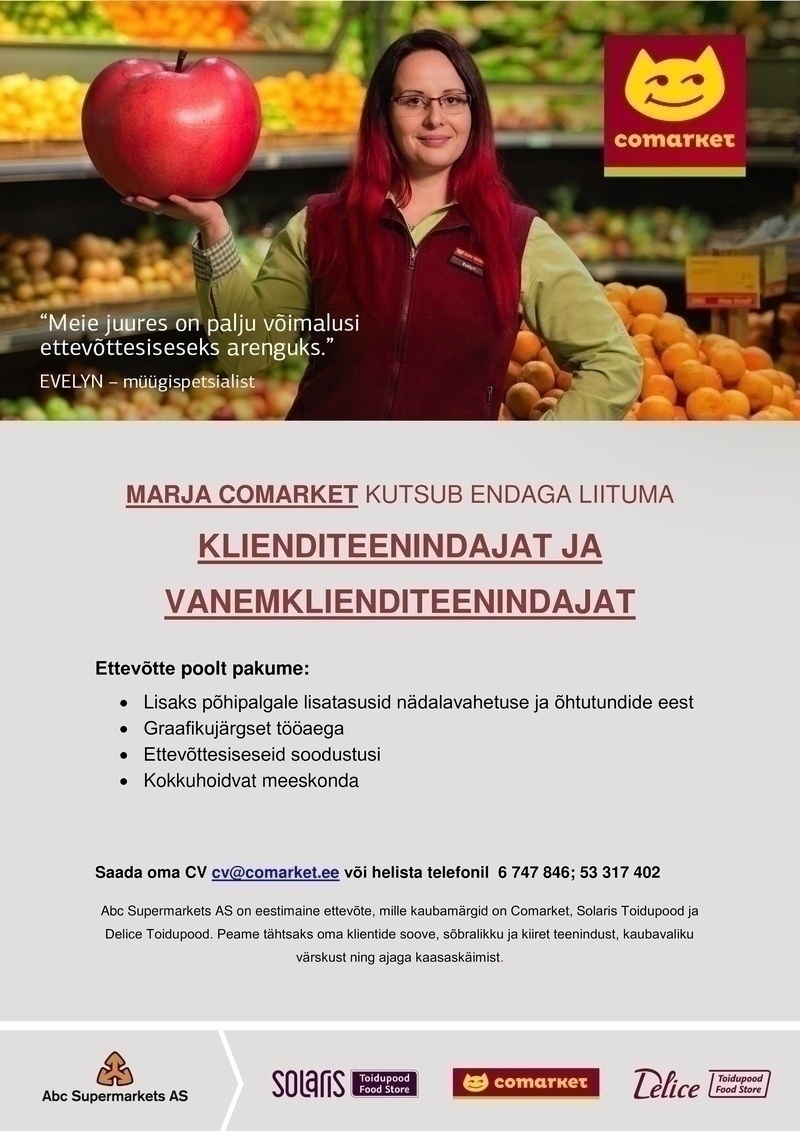 Abc Supermarkets AS KLIENDITEENINDAJA ja VANEMKLIENDITEENINDAJA Marja Comarketisse