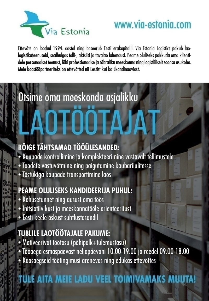 VIA Estonia logistikakeskus / AR Agentuuri AS Asjalik laotöötaja