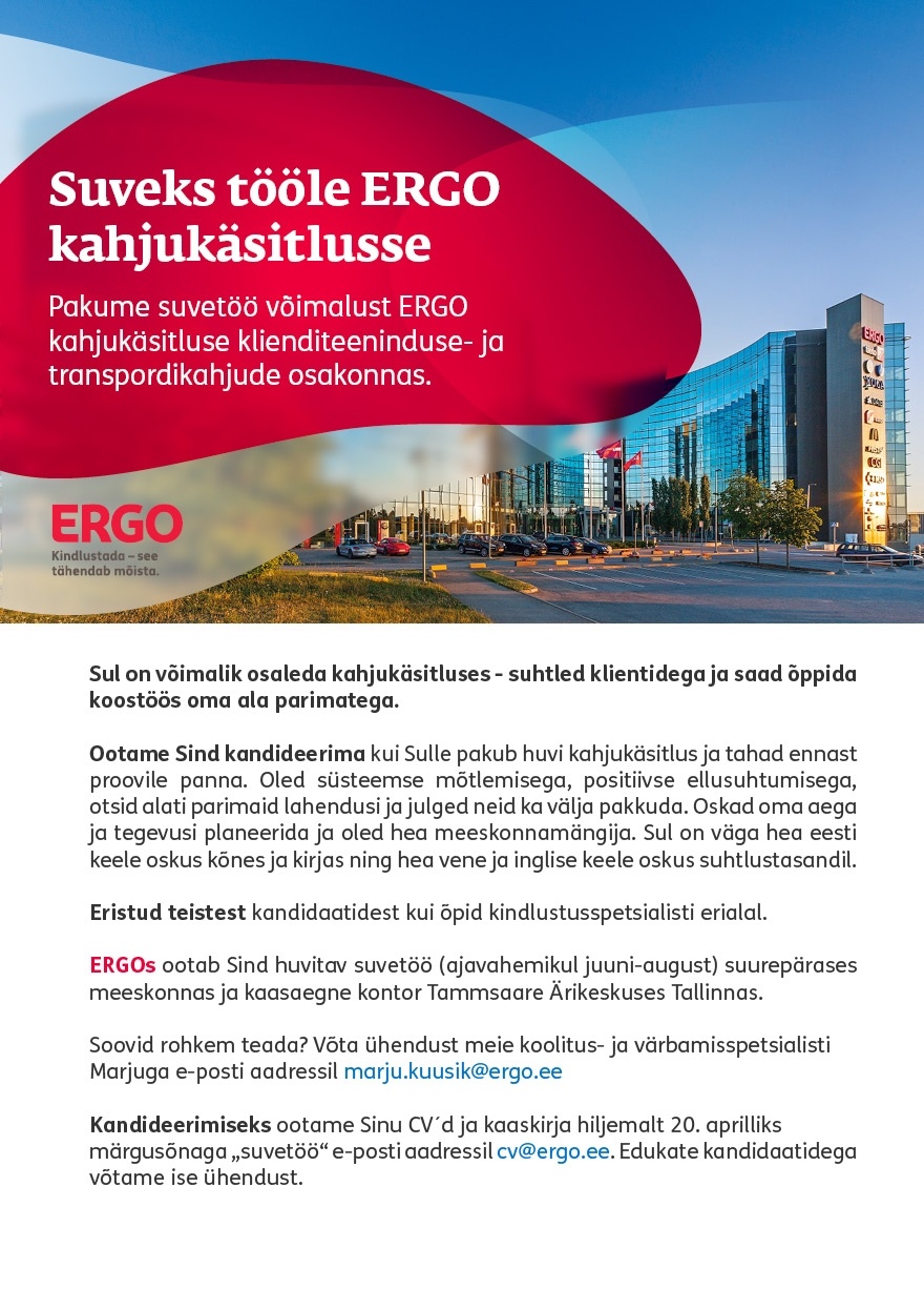 ERGO Insurance SE Suvetöö kahjukäsitluse klienditeeninduse- ja transpordikahjude osakonnas