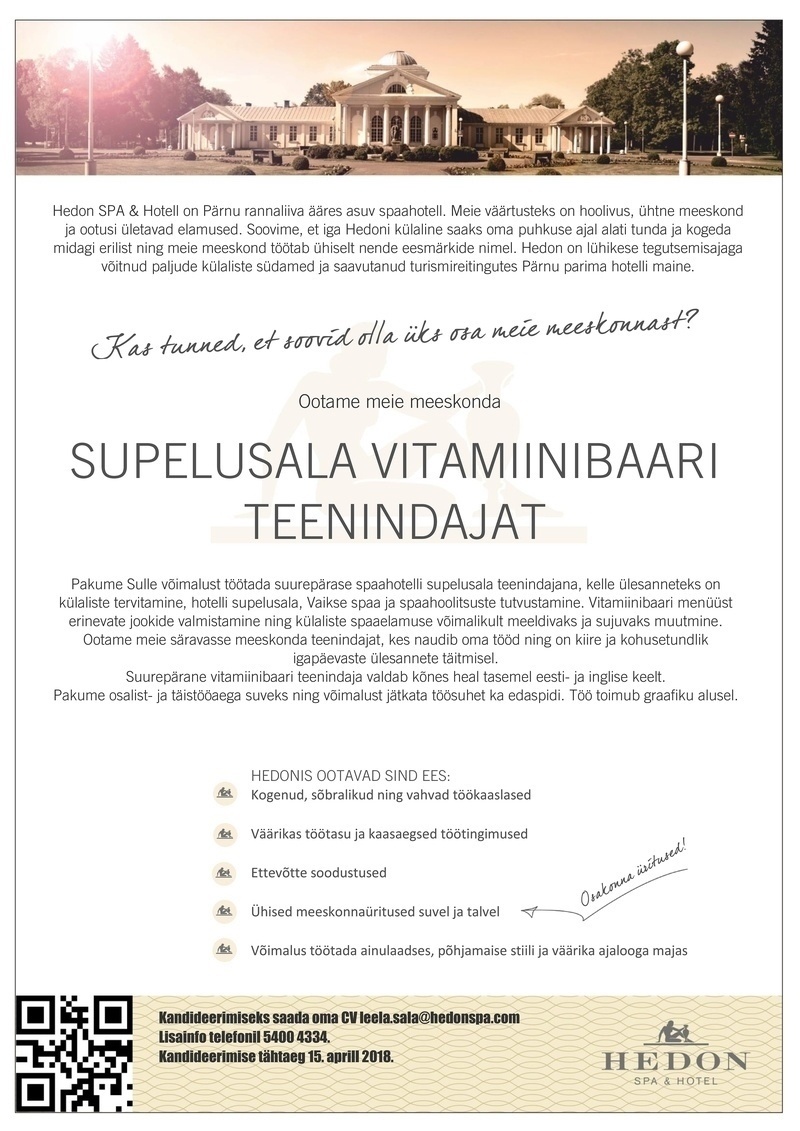 Supeluse Hotell OÜ Hedon SPA & HOTEL Vitamiinibaari teenindaja