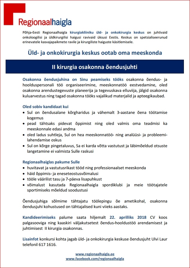 Põhja-Eesti Regionaalhaigla SA Õendusjuht II kirurgia osakonda
